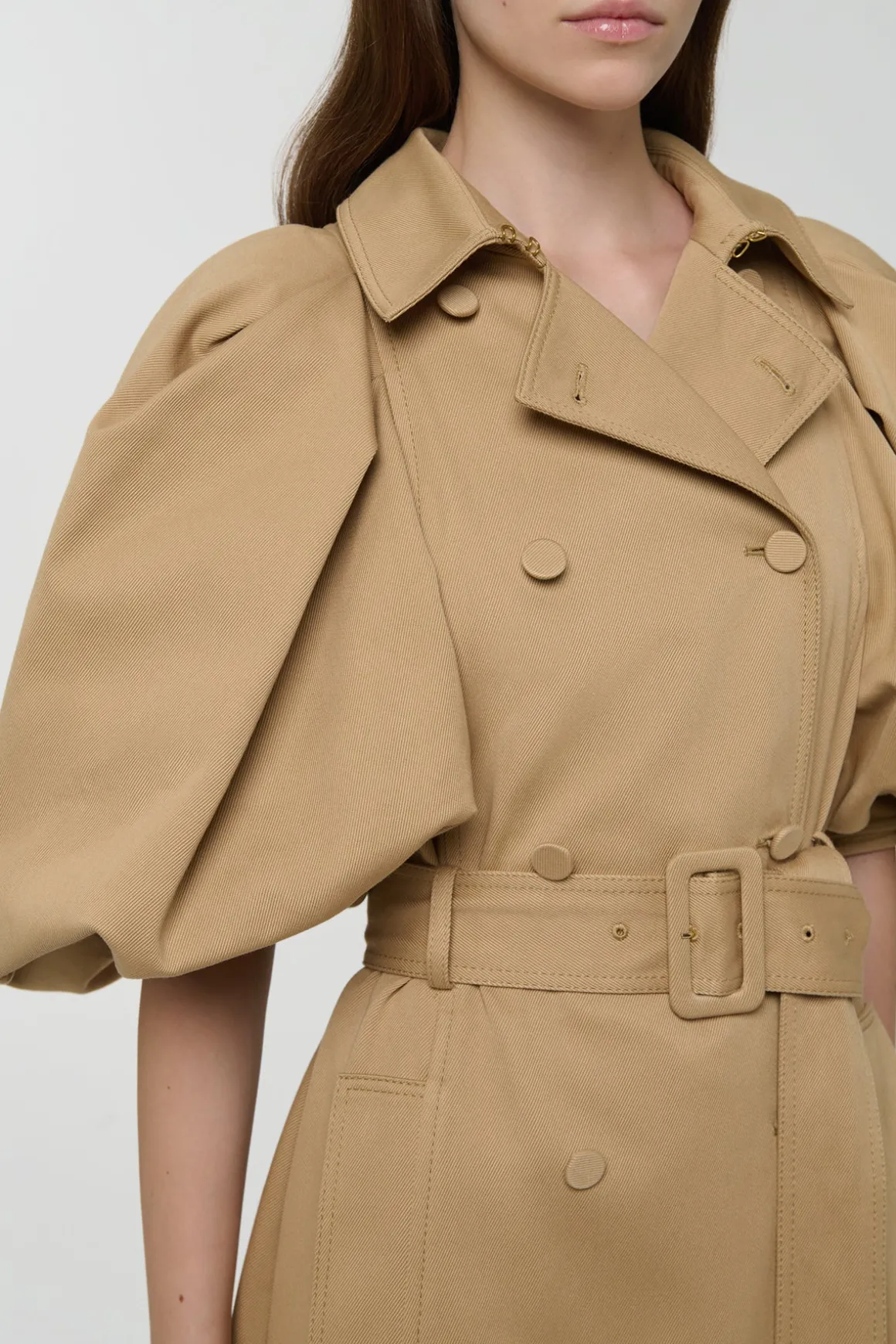 Aeon Puff Sleeve Trench Coat in Camel Sea Island Cotton Twill
