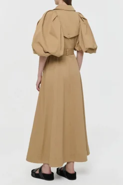Aeon Puff Sleeve Trench Coat in Camel Sea Island Cotton Twill