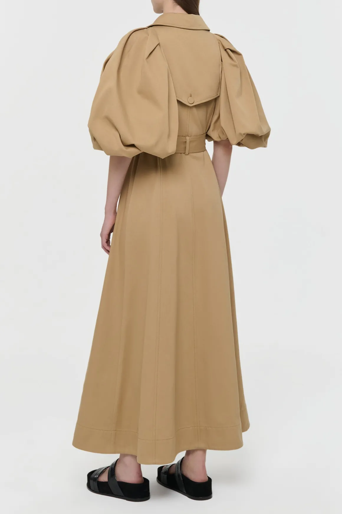 Aeon Puff Sleeve Trench Coat in Camel Sea Island Cotton Twill