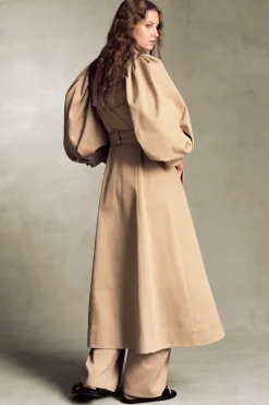 Aeon Puff Sleeve Trench Coat in Camel Sea Island Cotton Twill