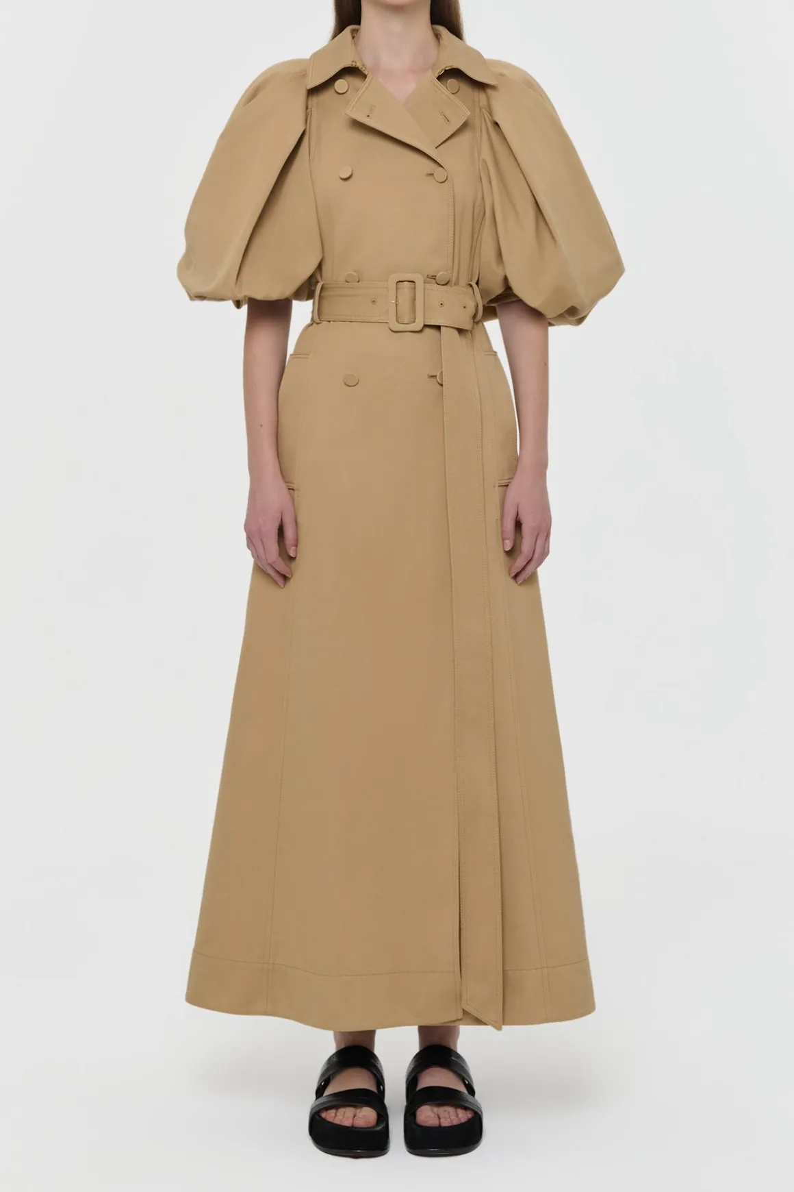 Aeon Puff Sleeve Trench Coat in Camel Sea Island Cotton Twill