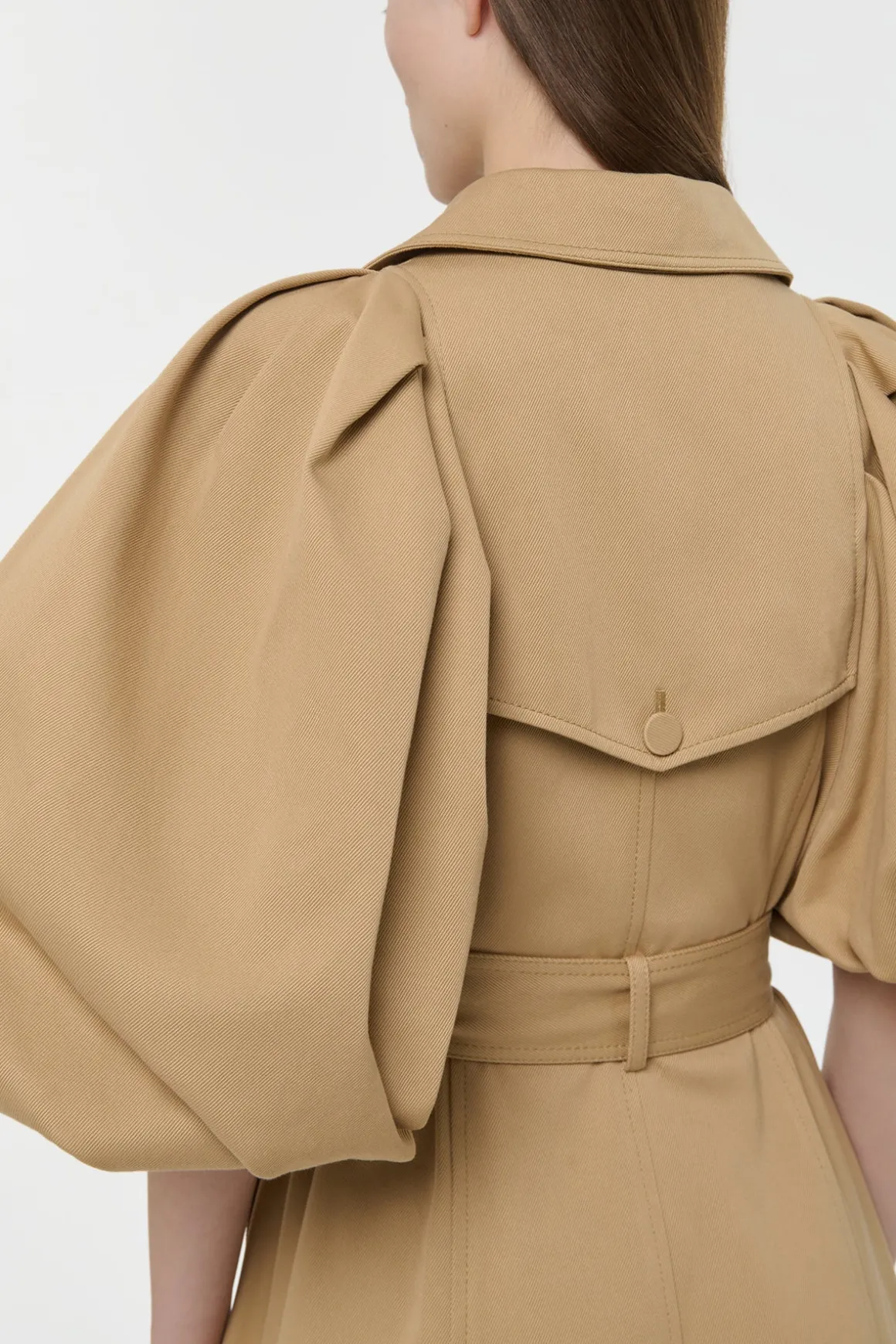 Aeon Puff Sleeve Trench Coat in Camel Sea Island Cotton Twill