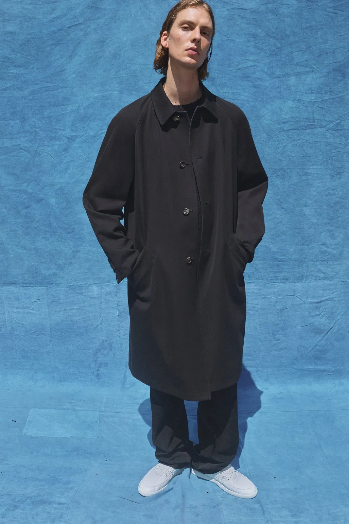 Alain Reversible Trench Coat in Black Cotton Twill & Electric Navy Virgin Wool