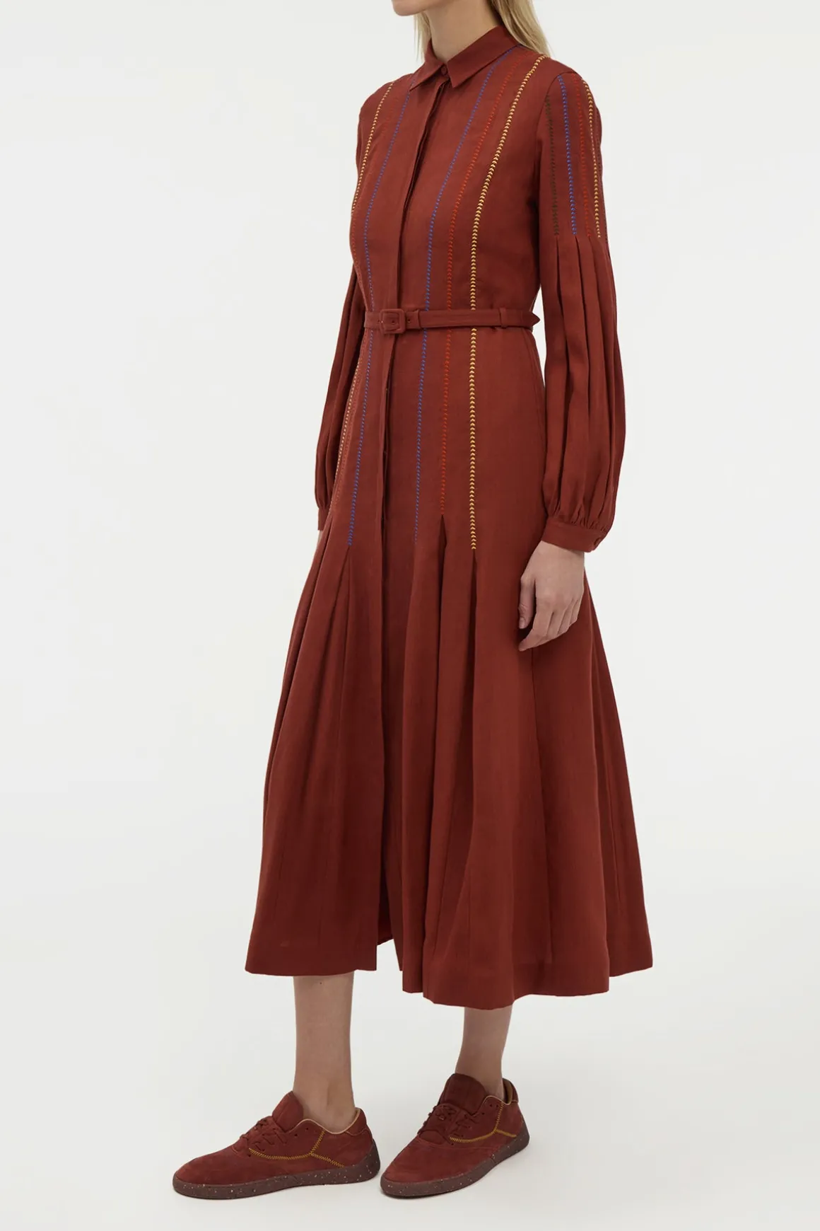 Aleka Pleated Midi Shirtdress in Burnt Sienna Multi Aloe Linen