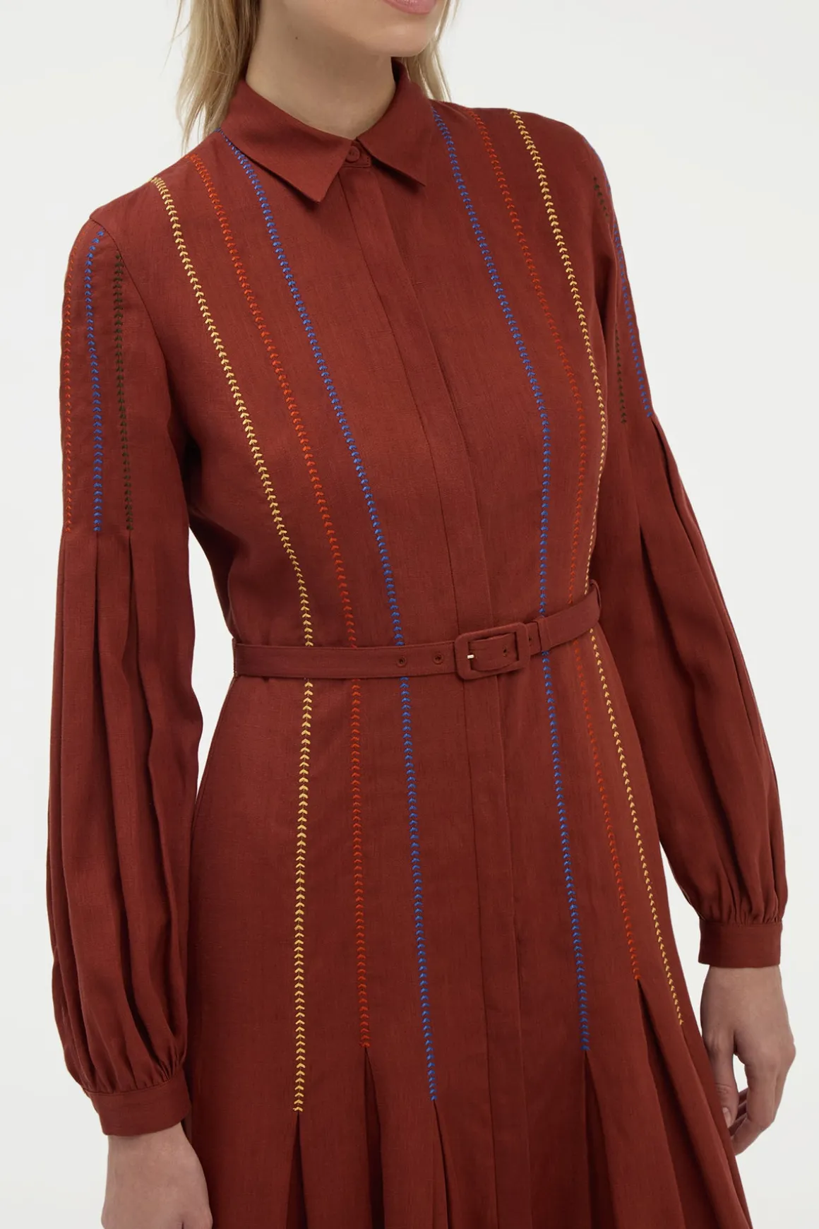 Aleka Pleated Midi Shirtdress in Burnt Sienna Multi Aloe Linen