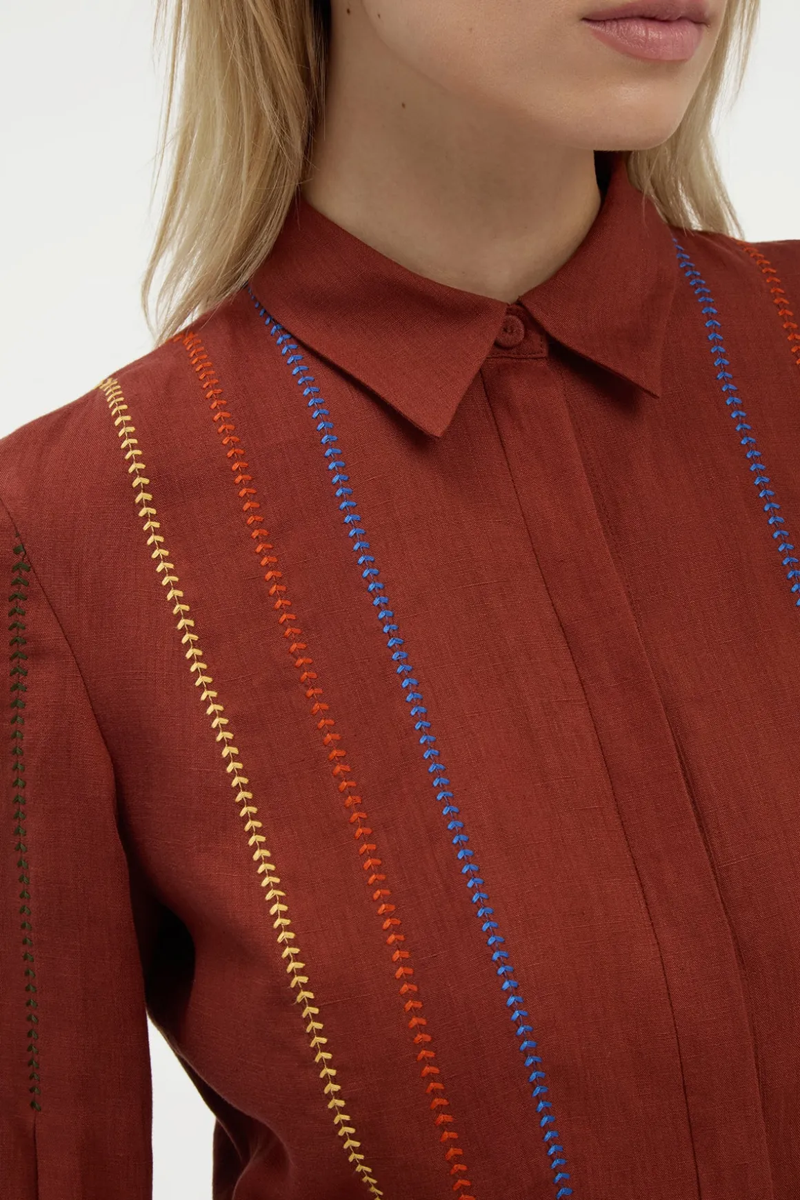 Aleka Pleated Midi Shirtdress in Burnt Sienna Multi Aloe Linen