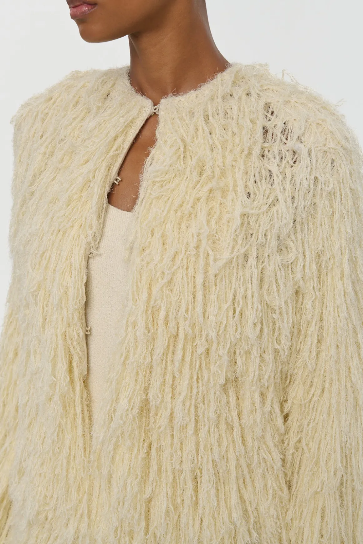 Amina Fringe Knit Jacket in Off White Silk Cashmere