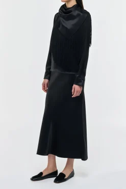 Anderson Fringe Scarf Top in Black Silk Satin