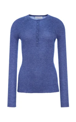 Anges Knit Henley in Cobalt Cashmere Silk with Hemp