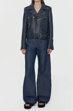 Anton Biker Jacket in Dark Navy Textured Leather
