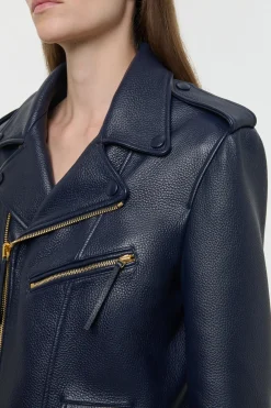 Anton Biker Jacket in Dark Navy Textured Leather