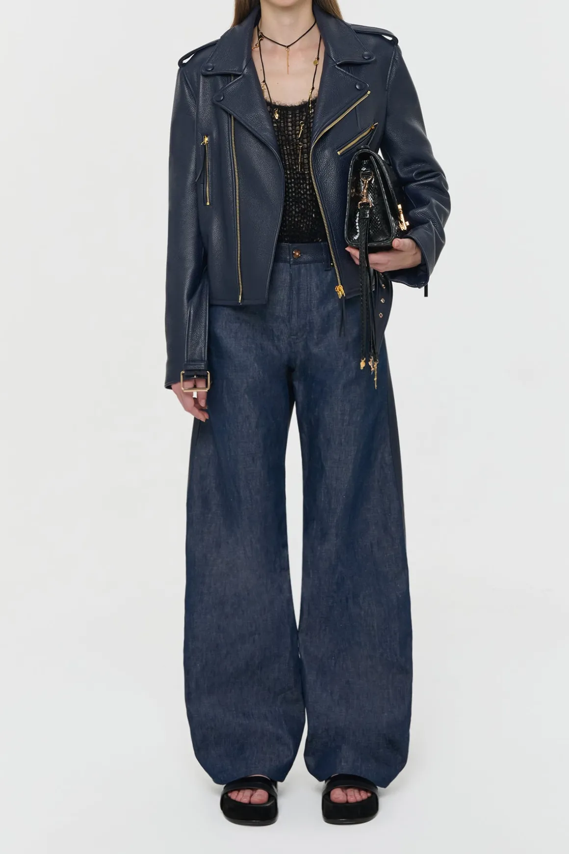 Anton Moon Biker Jacket in Dark Navy Textured Leather