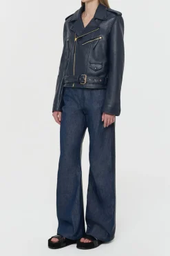 Anton Moon Biker Jacket in Dark Navy Textured Leather