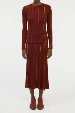 Augie Pinstripe Knit Sweater in Burnt Sienna Merino Wool