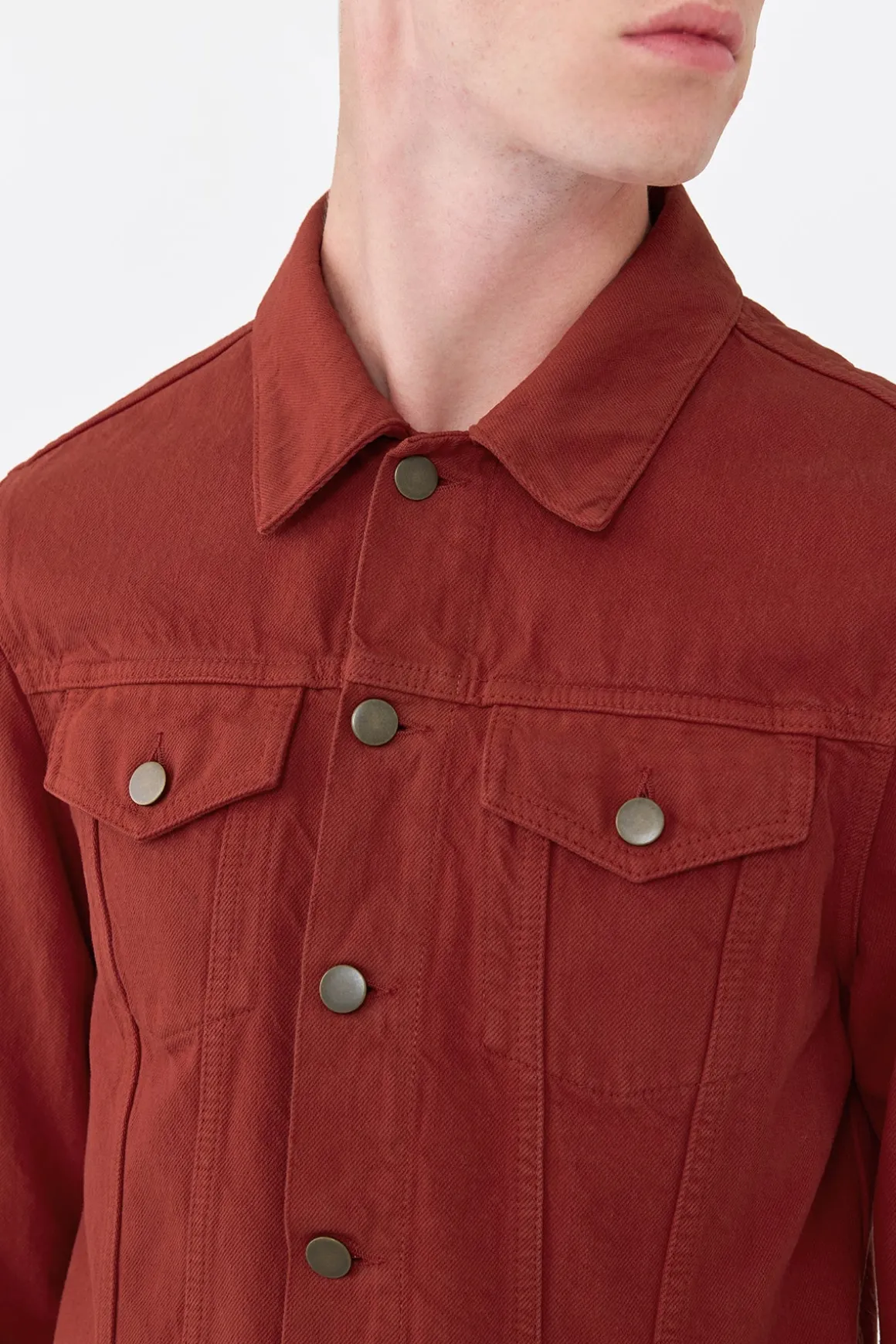 Barry Trucker Jacket in Burnt Sienna Recycled Cotton Denim