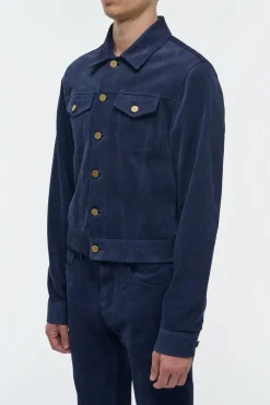 Barry Trucker Jacket in Electric Navy Suede Corduroy