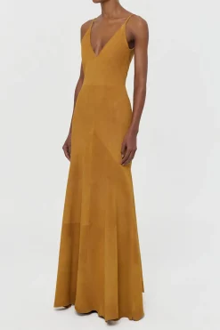 Brigita Slip Maxi Dress in Cashew Suede