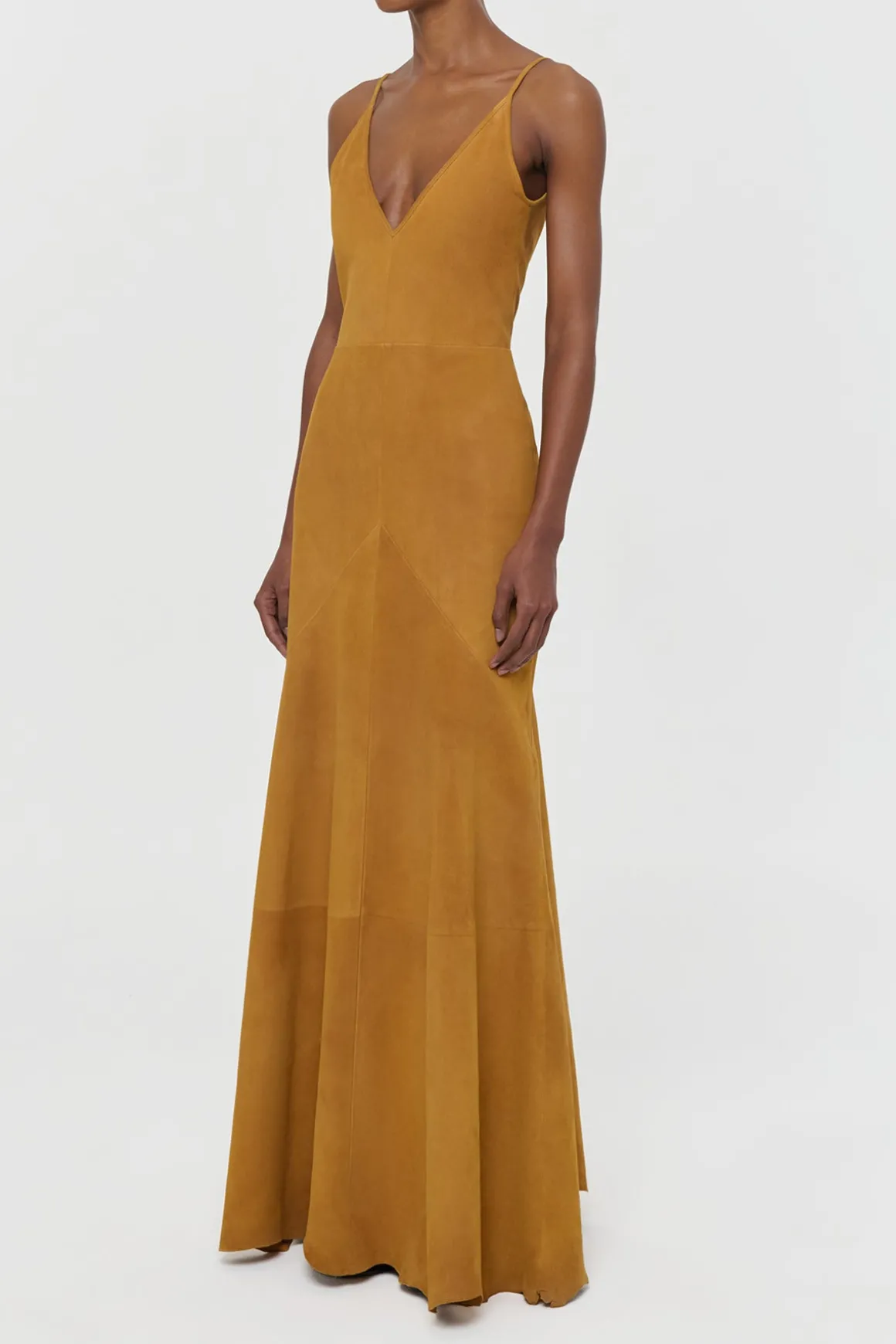 Brigita Slip Maxi Dress in Cashew Suede