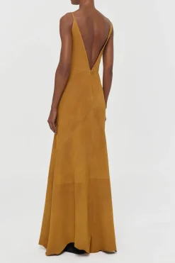 Brigita Slip Maxi Dress in Cashew Suede