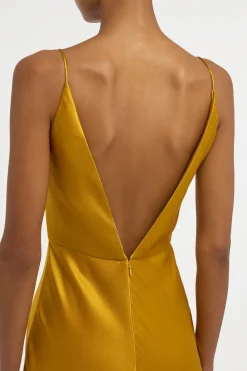 Brigita Slip Maxi Dress in Golden Birch Silk Satin