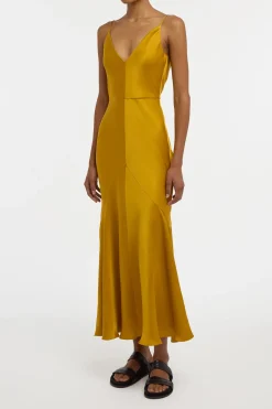 Brigita Slip Maxi Dress in Golden Birch Silk Satin
