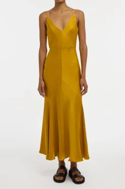 Brigita Slip Maxi Dress in Golden Birch Silk Satin