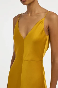 Brigita Slip Maxi Dress in Golden Birch Silk Satin