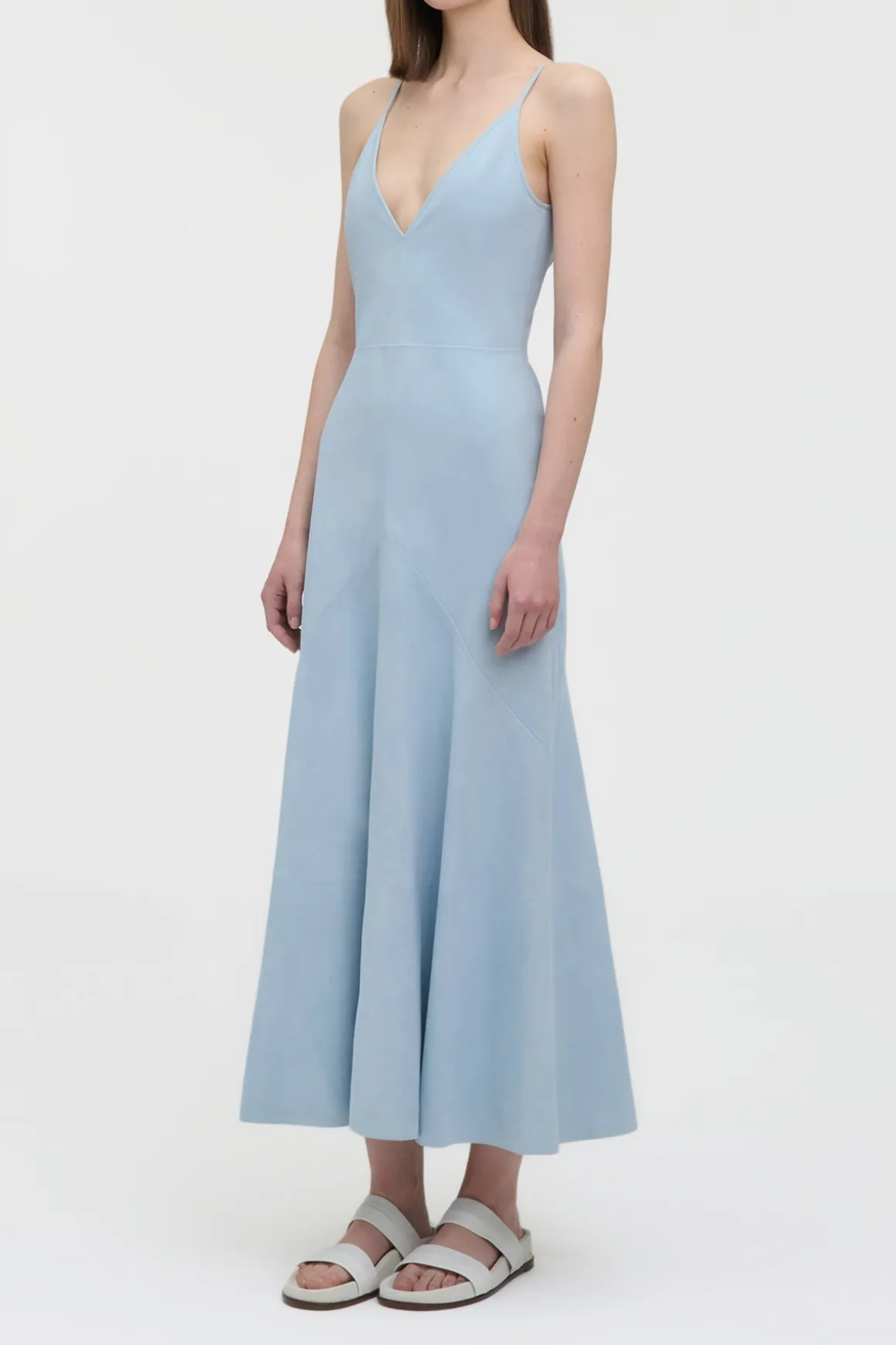 Brigita Slip Maxi Dress in Light Blue Suede
