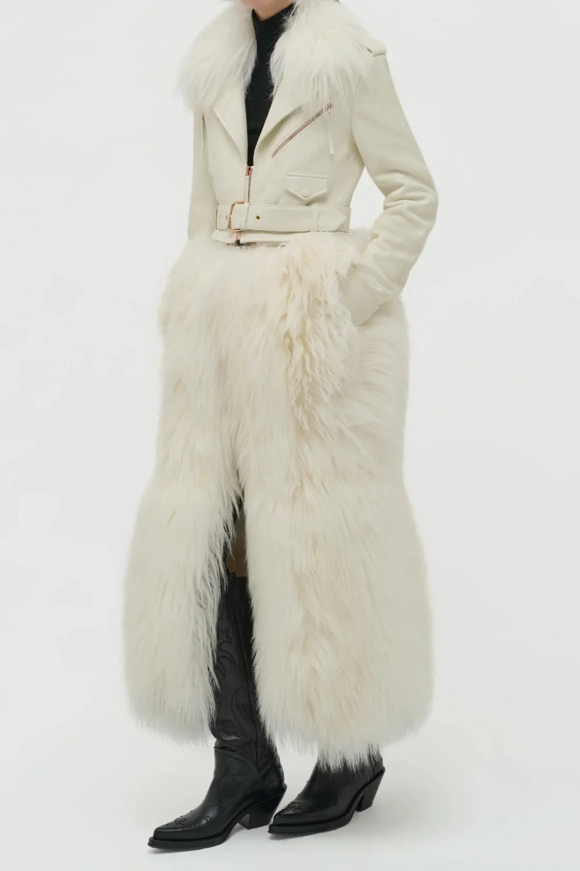 Brymwylf Convertible Coat in White Textured Leather & Cashmere Shearling