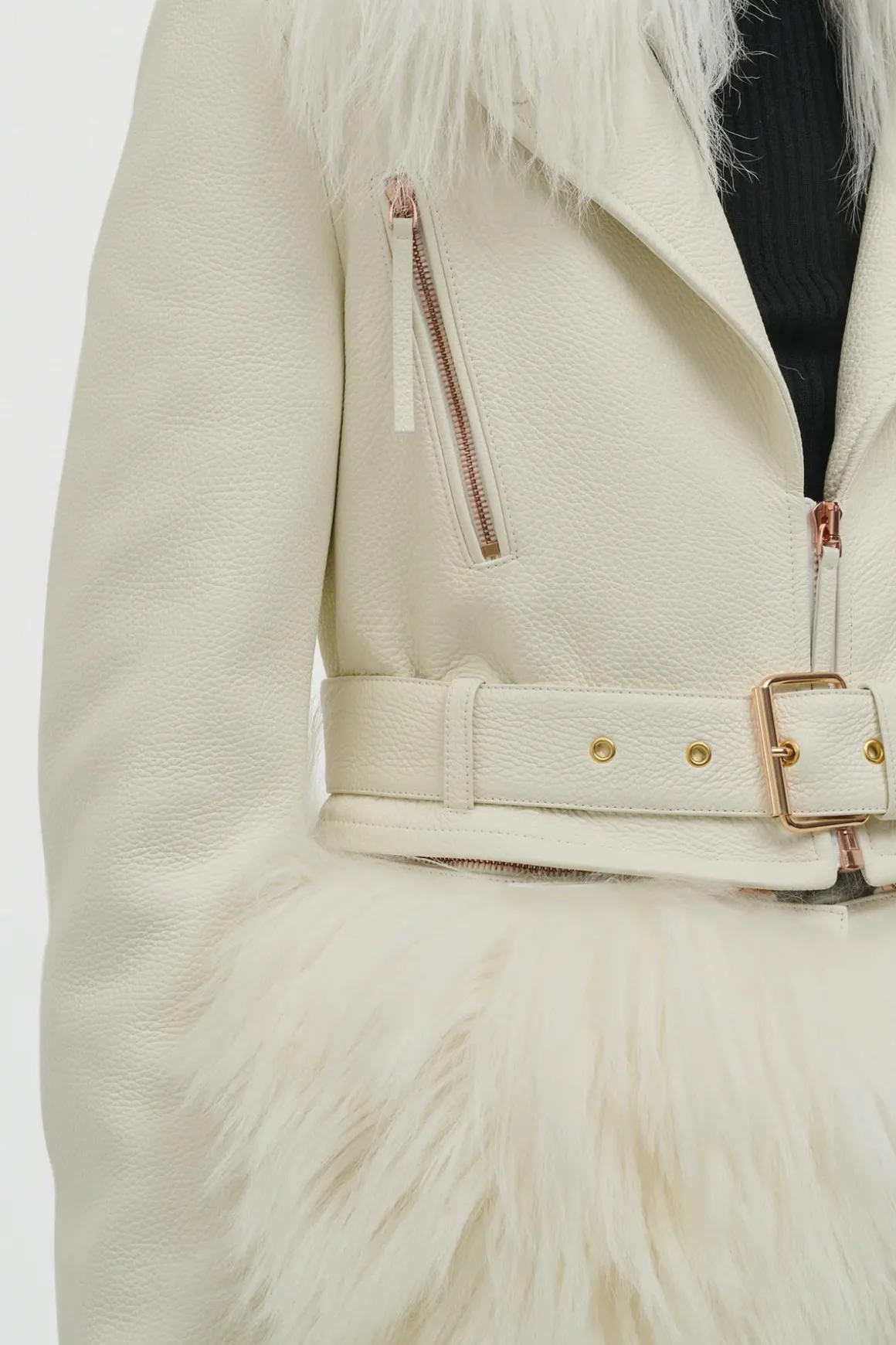 Brymwylf Convertible Coat in White Textured Leather & Cashmere Shearling