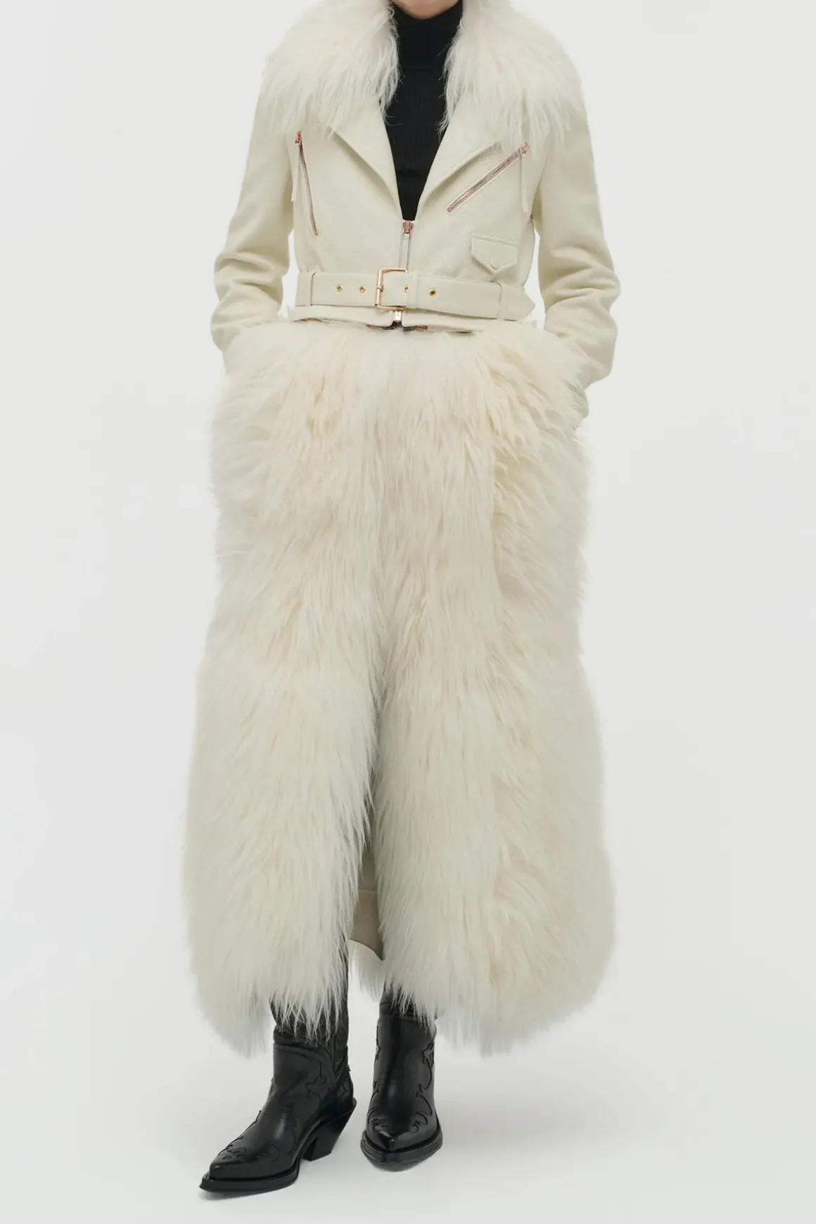 Brymwylf Convertible Coat in White Textured Leather & Cashmere Shearling