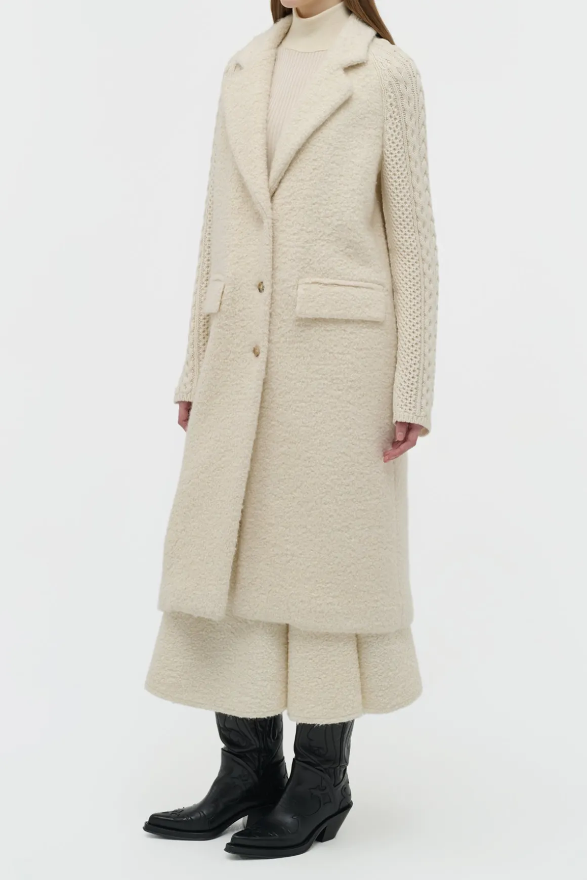 Charles Coat in Ivory Recycled Cashmere Boucle with Cable-knit Sleeves