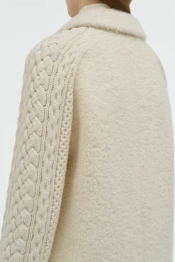 Charles Coat in Ivory Recycled Cashmere Boucle with Cable-knit Sleeves