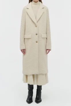 Charles Coat in Ivory Recycled Cashmere Boucle with Cable-knit Sleeves