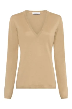 Clementia Knit V-Neck Sweater in Hay Cashmere Silk