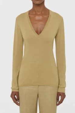 Clementia Knit V-Neck Sweater in Hay Cashmere Silk