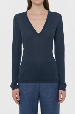 Clementia Knit V-Neck Sweater in Denim Cashmere Silk