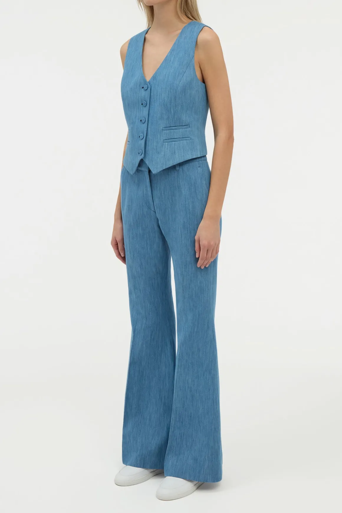 Coleridge Vest in Medium Blue Recycled Cotton Linen Denim