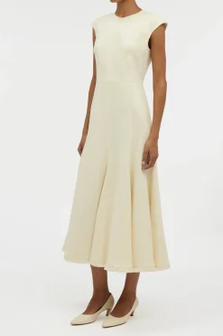 Crowther Midi Dress in Ivory Virgin Wool Silk Slub