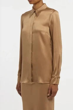 Cruz Shirt in Camel Silk Satin