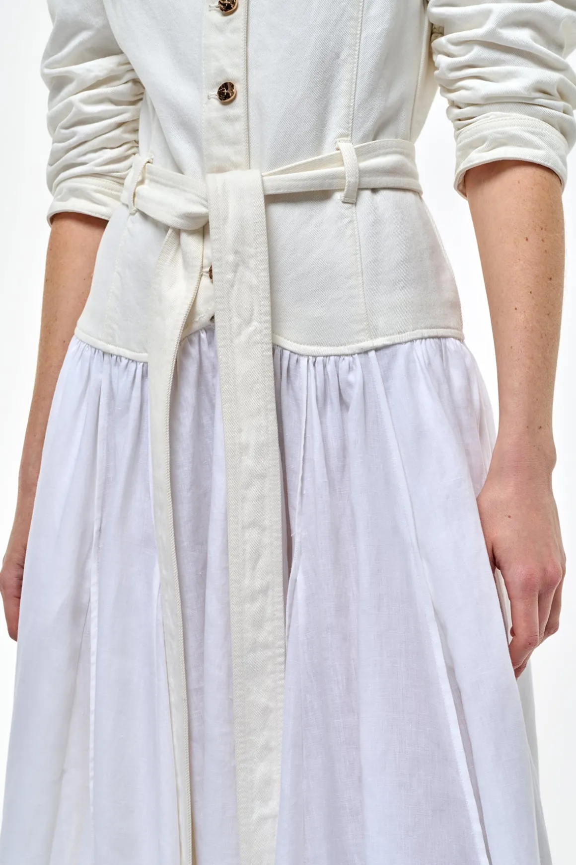 Delyth Shirtdress in White Recycled Cotton Denim & Linen