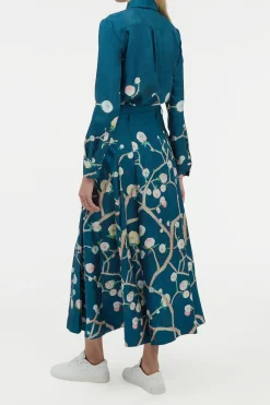 Dugald Pleated Midi Skirt in Blue Multi Printed Silk Twill