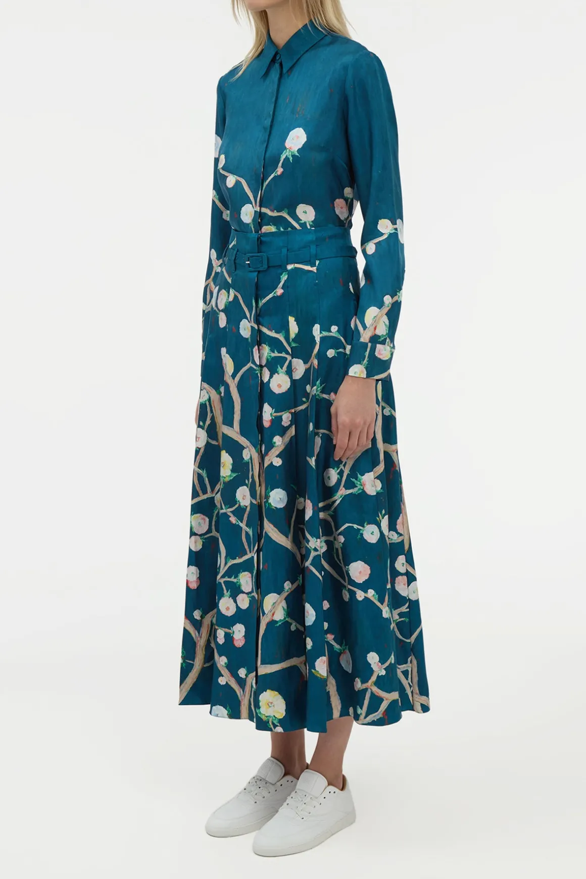 Dugald Pleated Midi Skirt in Blue Multi Printed Silk Twill