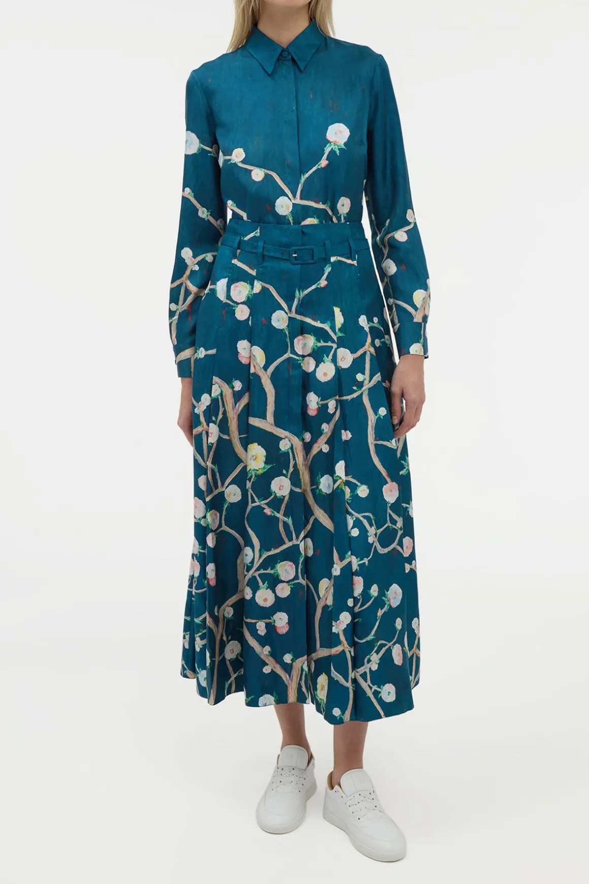 Dugald Pleated Midi Skirt in Blue Multi Printed Silk Twill