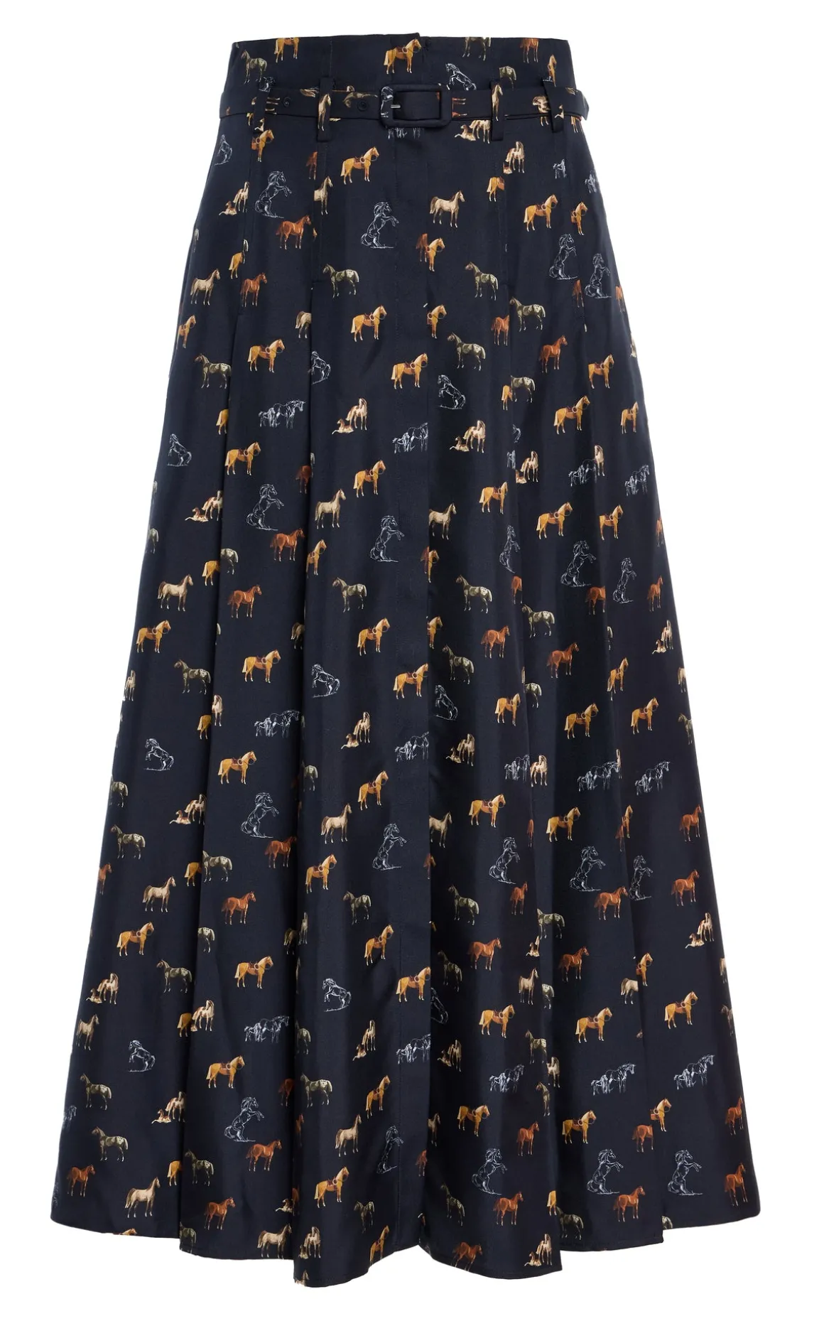 Dugald Pleated Midi Skirt in Dark Navy Multi Printed Silk Twill