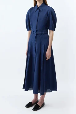 Dugald Pleated Midi Skirt in Electric Navy Aloe Linen
