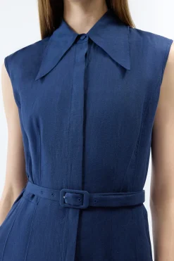 Durand Pleated Maxi Shirtdress in Electric Navy Aloe Linen