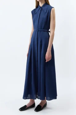 Durand Pleated Maxi Shirtdress in Electric Navy Aloe Linen