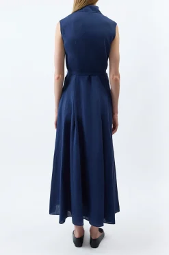 Durand Pleated Maxi Shirtdress in Electric Navy Aloe Linen