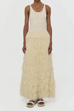 Elianor Fringe Knit Maxi Dress in Off White Silk Cashmere